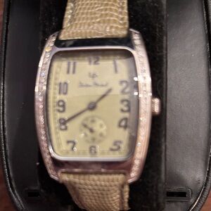 Vintage Lucien Piccard Diamond Watch with Green Strap and Stainless Case